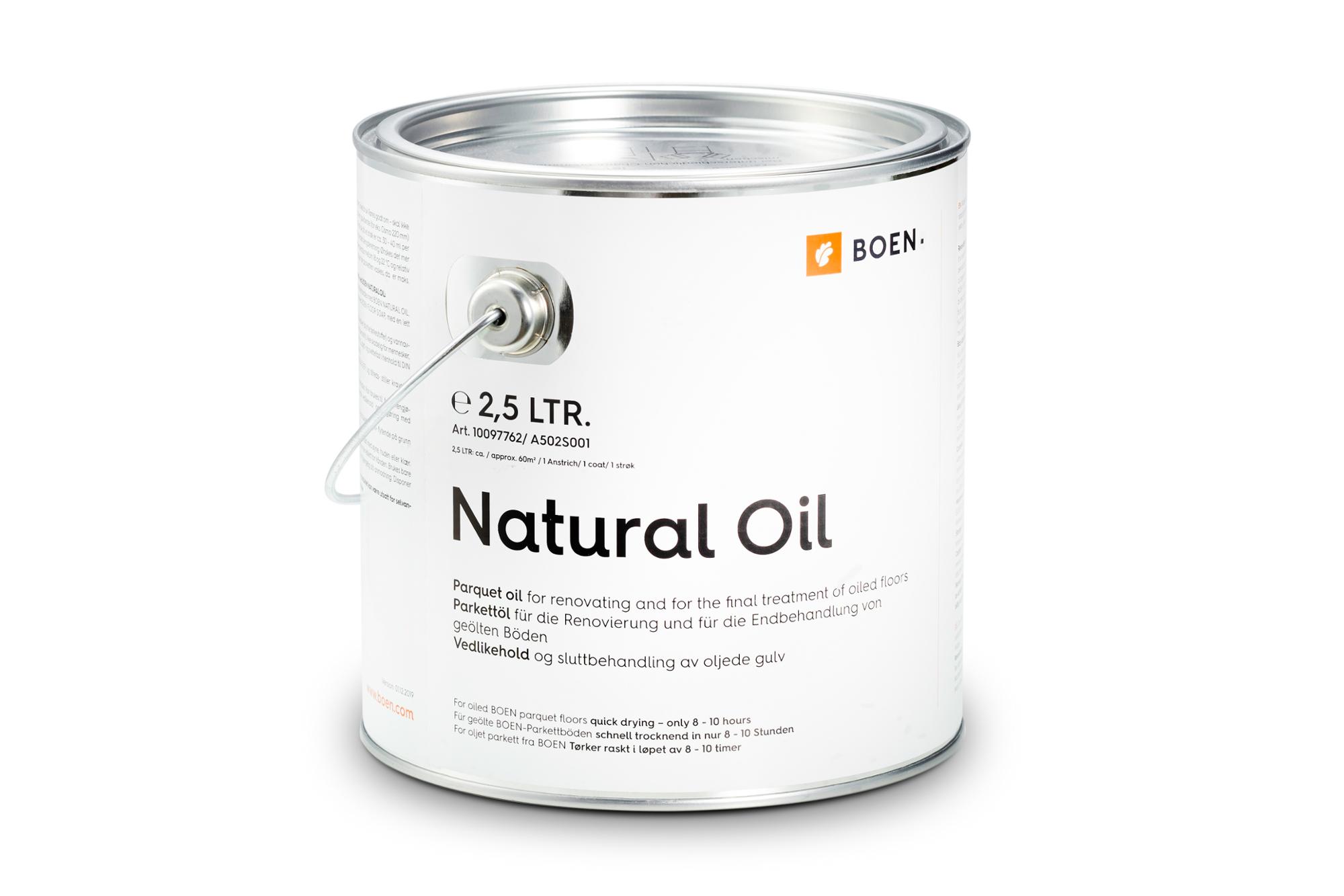Natural Oil 2,5 Ltr.

For finishing of sanded
or untreated wooden surfaces.
1 litre for approx. 24m²